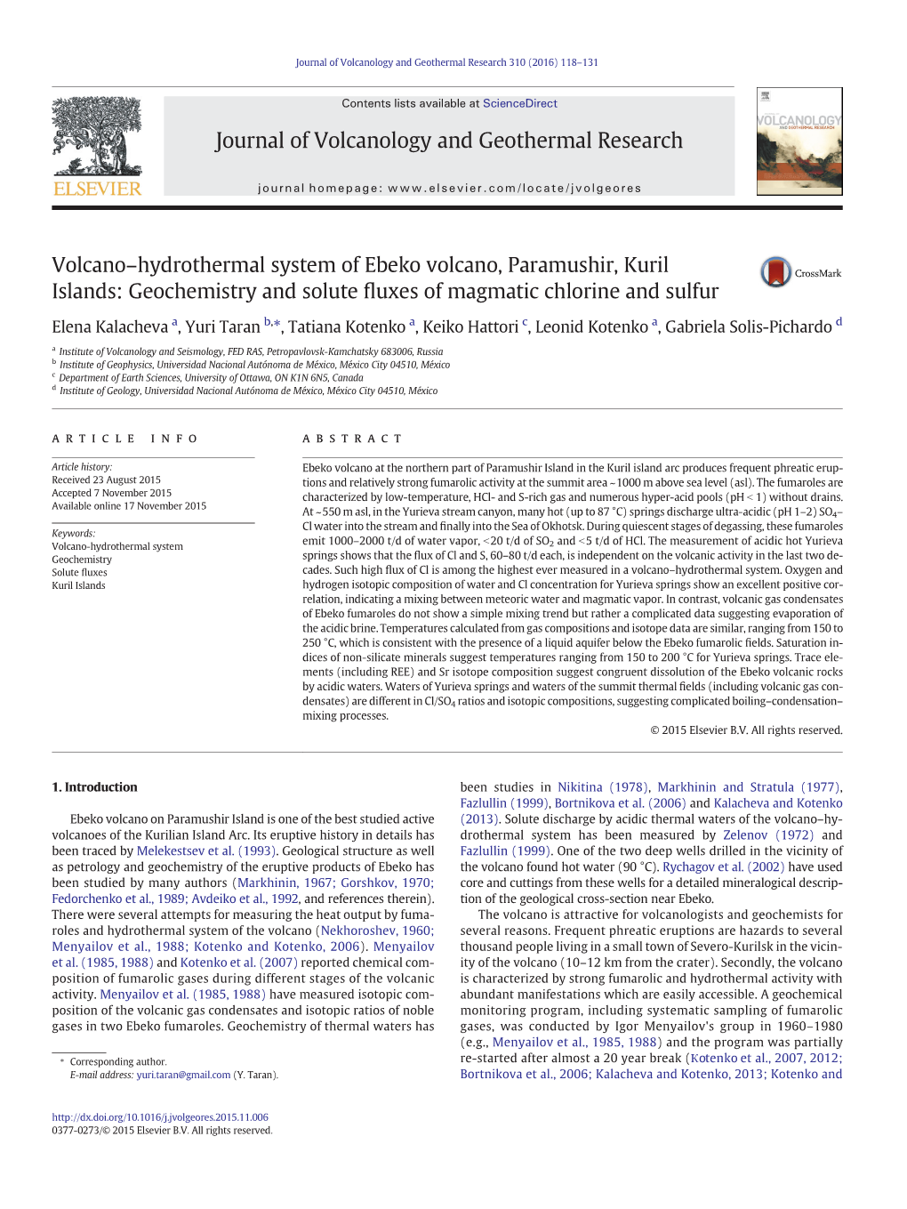 Volcano–Hydrothermal System of Ebeko Volcano, Paramushir, Kuril Islands: Geochemistry and Solute ﬂuxes of Magmatic Chlorine and Sulfur