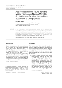 Age Profiles of Rhino Fauna from the Middle Pleistocene Nanjing Man Site, South China—Explained by the Rhino Specimens of Living Species