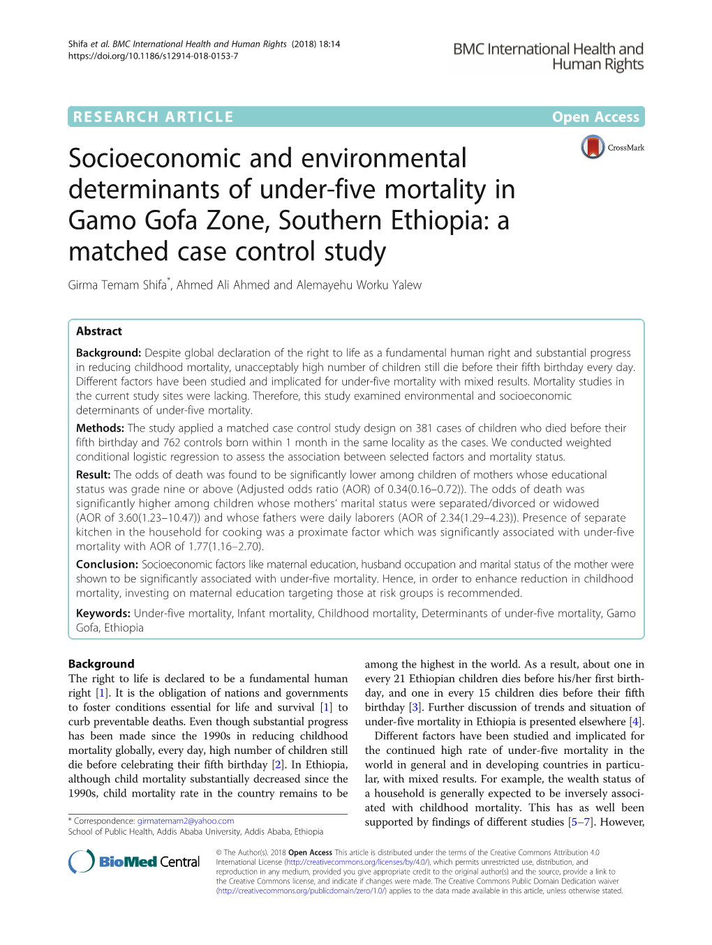 Socioeconomic and Environmental Determinants of Under-Five Mortality in Gamo Gofa Zone, Southern Ethiopia: a Matched Case Contro