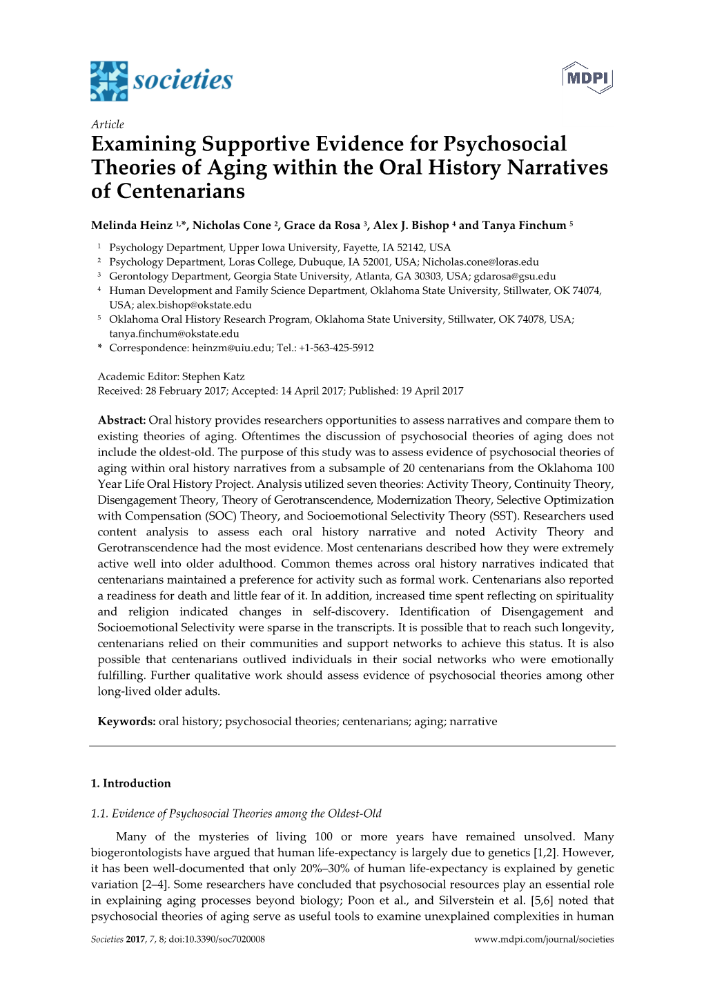 Examining Supportive Evidence for Psychosocial Theories of Aging Within the Oral History Narratives of Centenarians