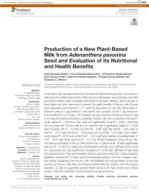 Production of a New Plant-Based Milk from Adenanthera Pavonina Seed and Evaluation of Its Nutritional and Health Benefits