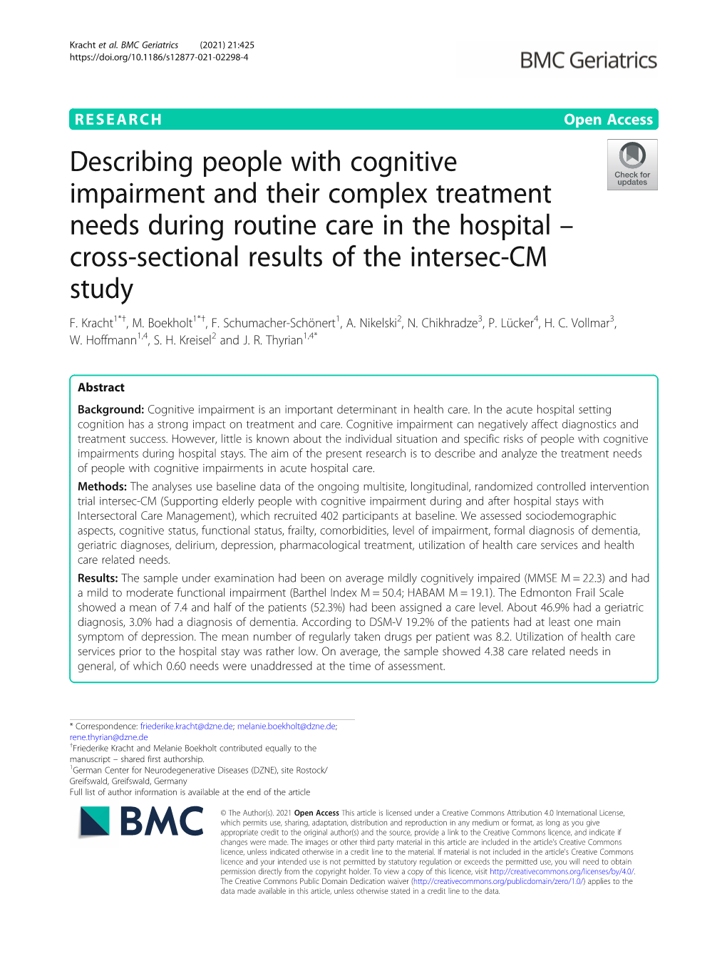 Describing People with Cognitive Impairment and Their Complex Treatment Needs During Routine Care in the Hospital – Cross-Sectional Results of the Intersec-CM Study F