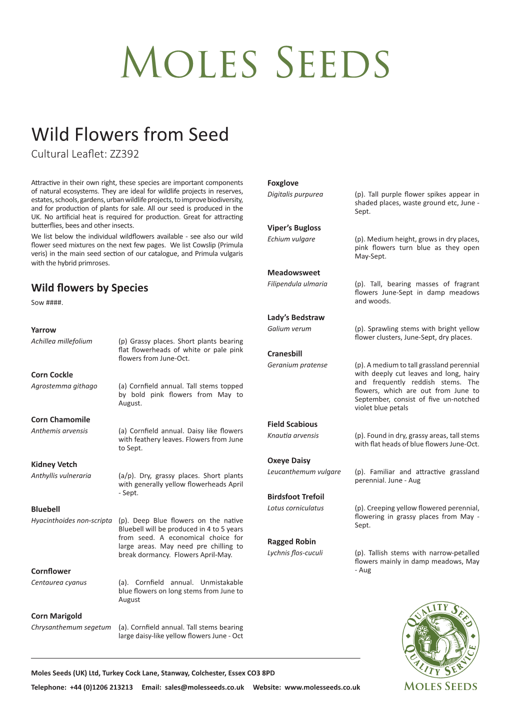 Wild Flowers from Seed Cultural Leaflet: ZZ392