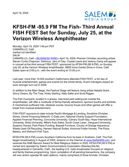 KFSH-FM -95.9 FM the Fish- Third Annual FISH FEST Set for Sunday, July 25, at the Verizon Wireless Amphitheater