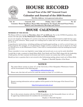 HOUSE RECORD Second Year of the 166Th General Court Calendar and Journal of the 2020 Session State of New Hampshire Web Site Address