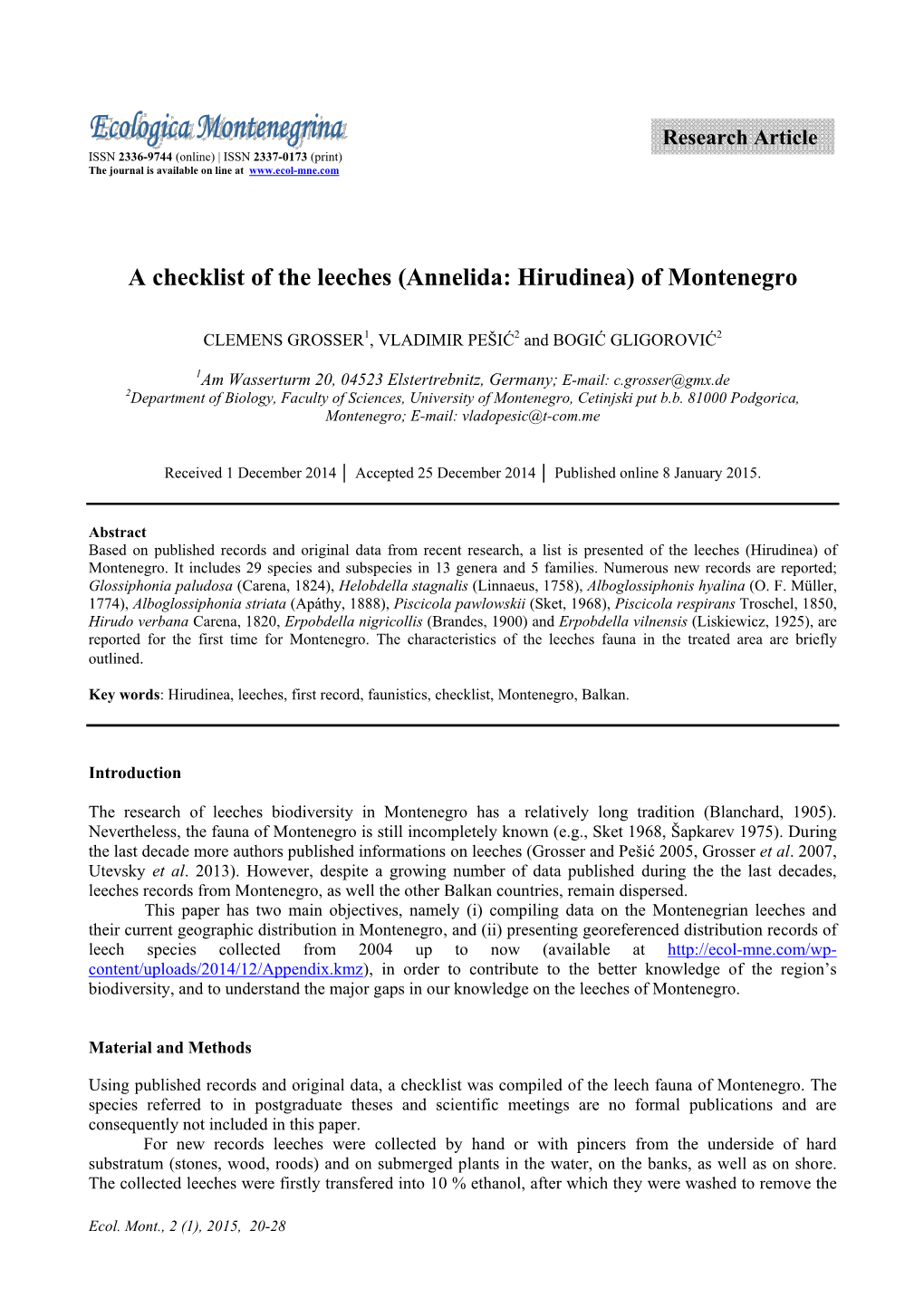 A Checklist of the Leeches (Annelida: Hirudinea) of Montenegro