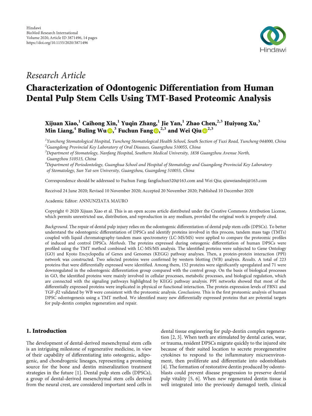 Characterization of Odontogenic Differentiation from Human Dental Pulp Stem Cells Using TMT-Based Proteomic Analysis