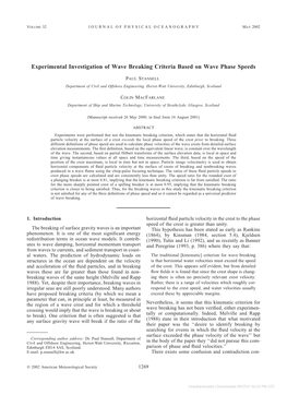 Experimental Investigation of Wave Breaking Criteria Based on Wave Phase Speeds