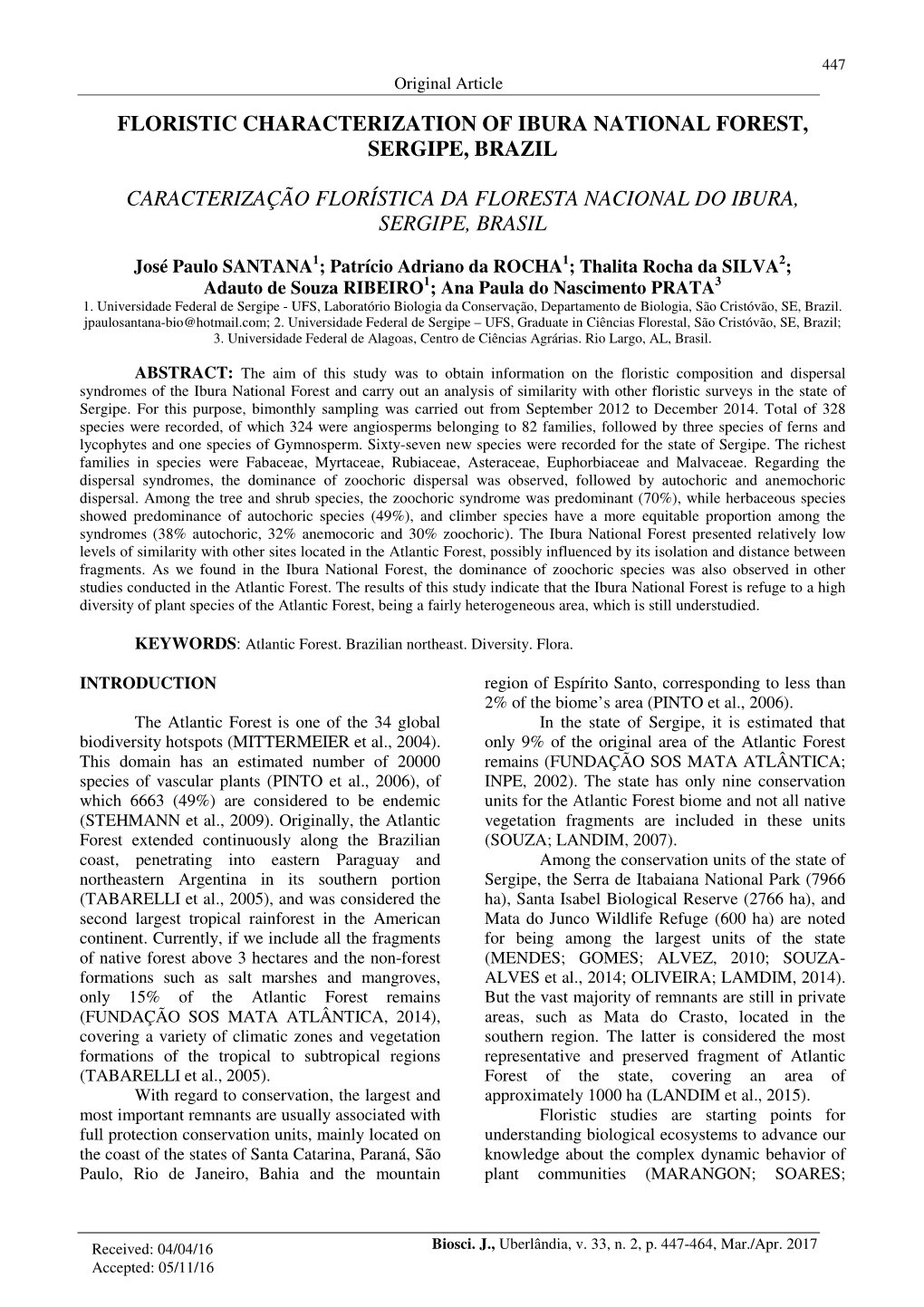 Floristic Characterization of Ibura National Forest, Sergipe, Brazil