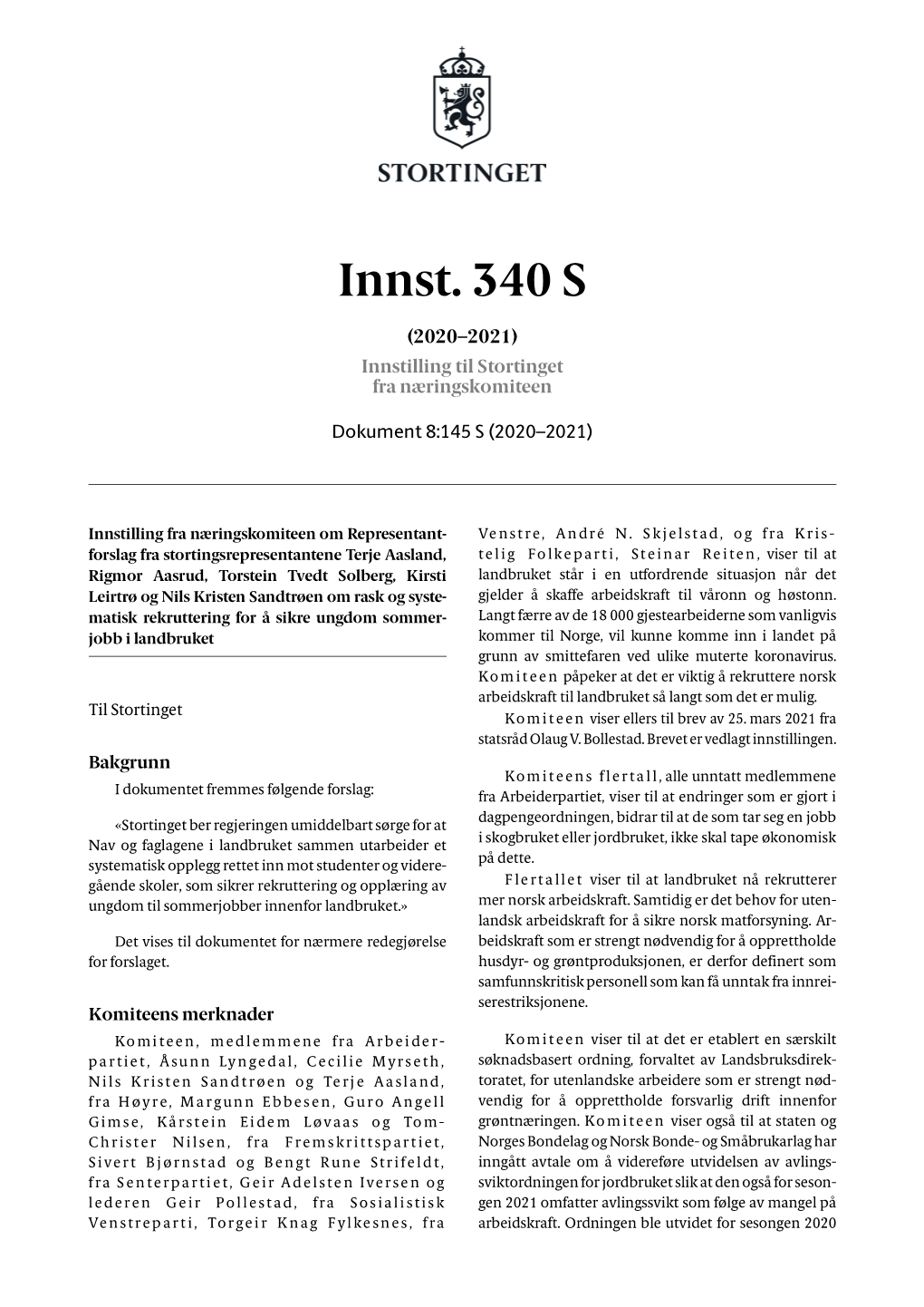 Innst. 340 S (2020–2021) Innstilling Til Stortinget Fra Næringskomiteen