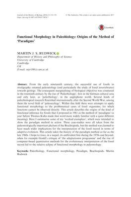 Functional Morphology in Paleobiology: Origins of the Method of ‘Paradigms’