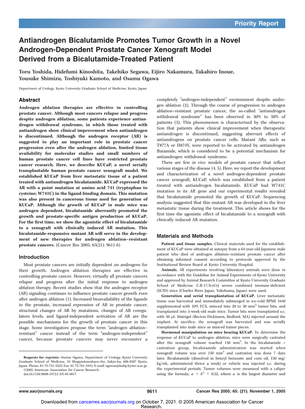 Antiandrogen Bicalutamide Promotes Tumor Growth in a Novel Androgen-Dependent Prostate Cancer Xenograft Model Derived from a Bicalutamide-Treated Patient