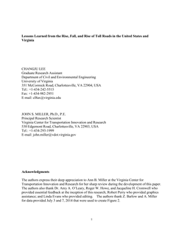 Lessons Learned from the Rise, Fall, and Rise of Toll Roads in the United States and Virginia