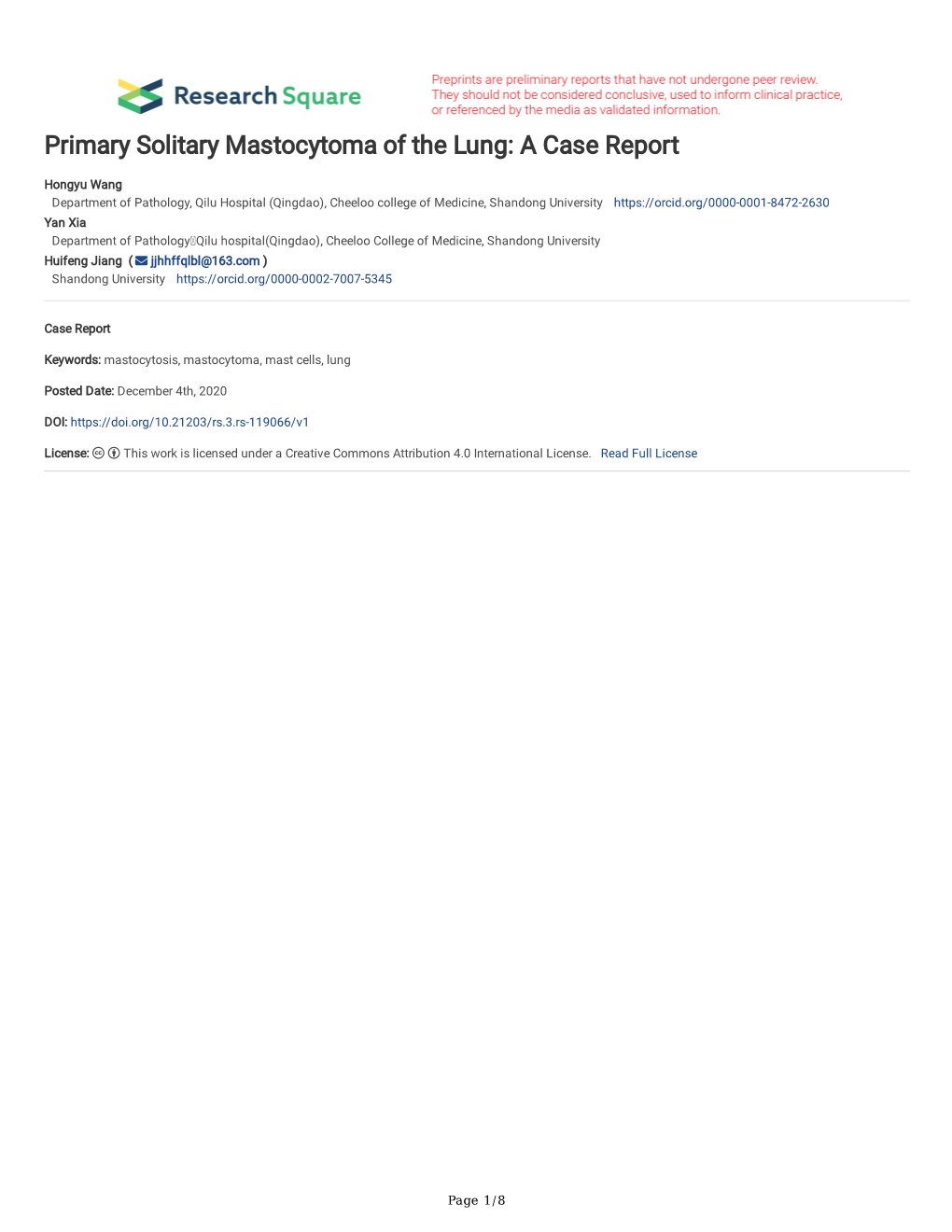 Primary Solitary Mastocytoma of the Lung: a Case Report