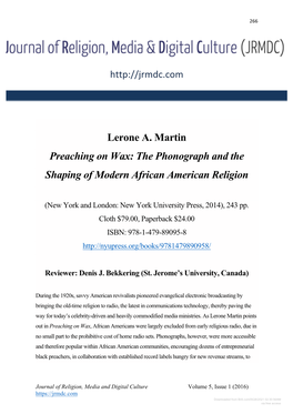 Lerone A. Martin Preaching on Wax: the Phonograph and the Shaping of Modern African American Religion