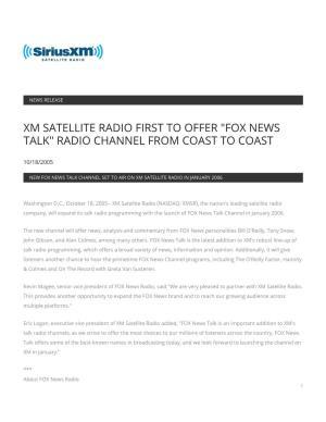 Xm Satellite Radio First to Offer "Fox News Talk" Radio Channel from Coast to Coast