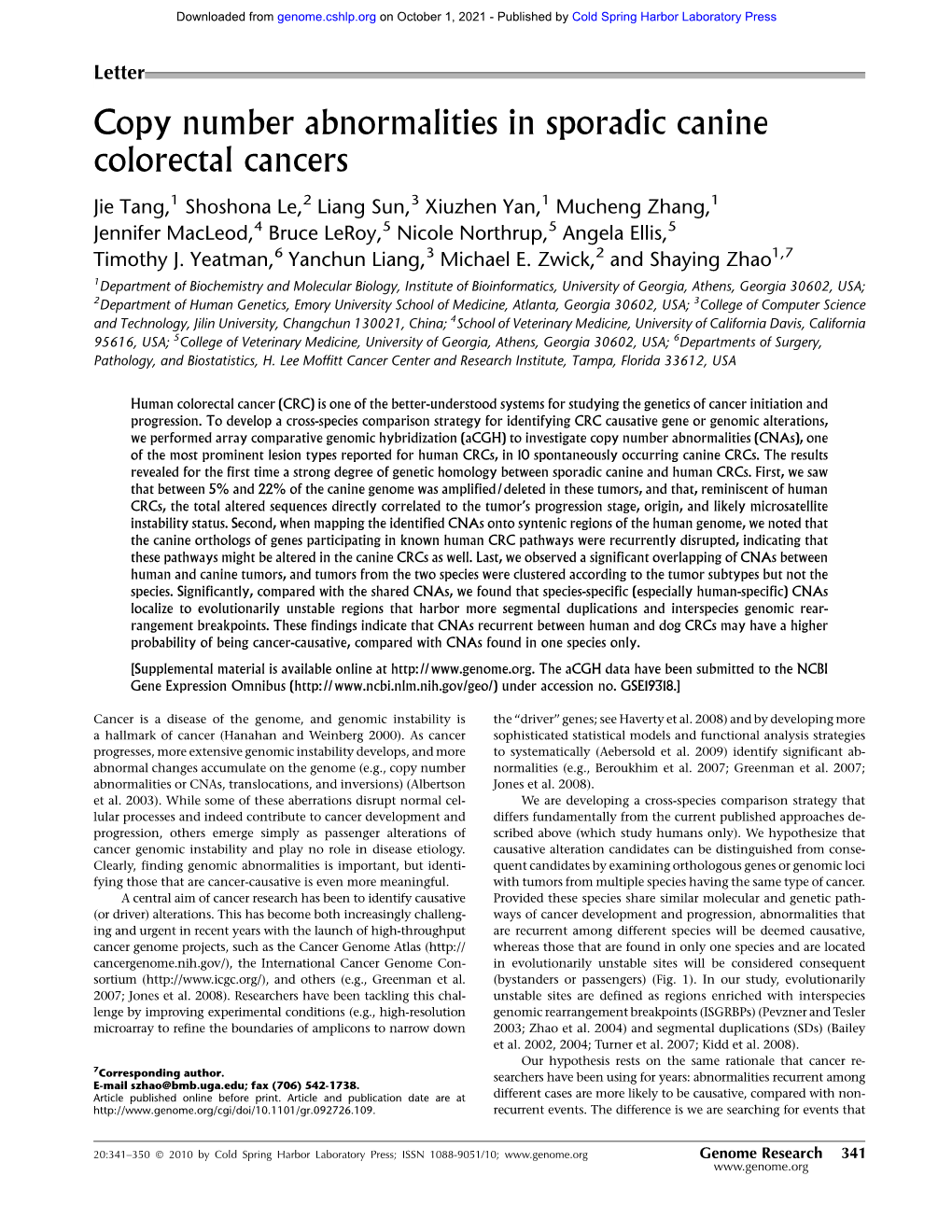 Copy Number Abnormalities in Sporadic Canine Colorectal Cancers