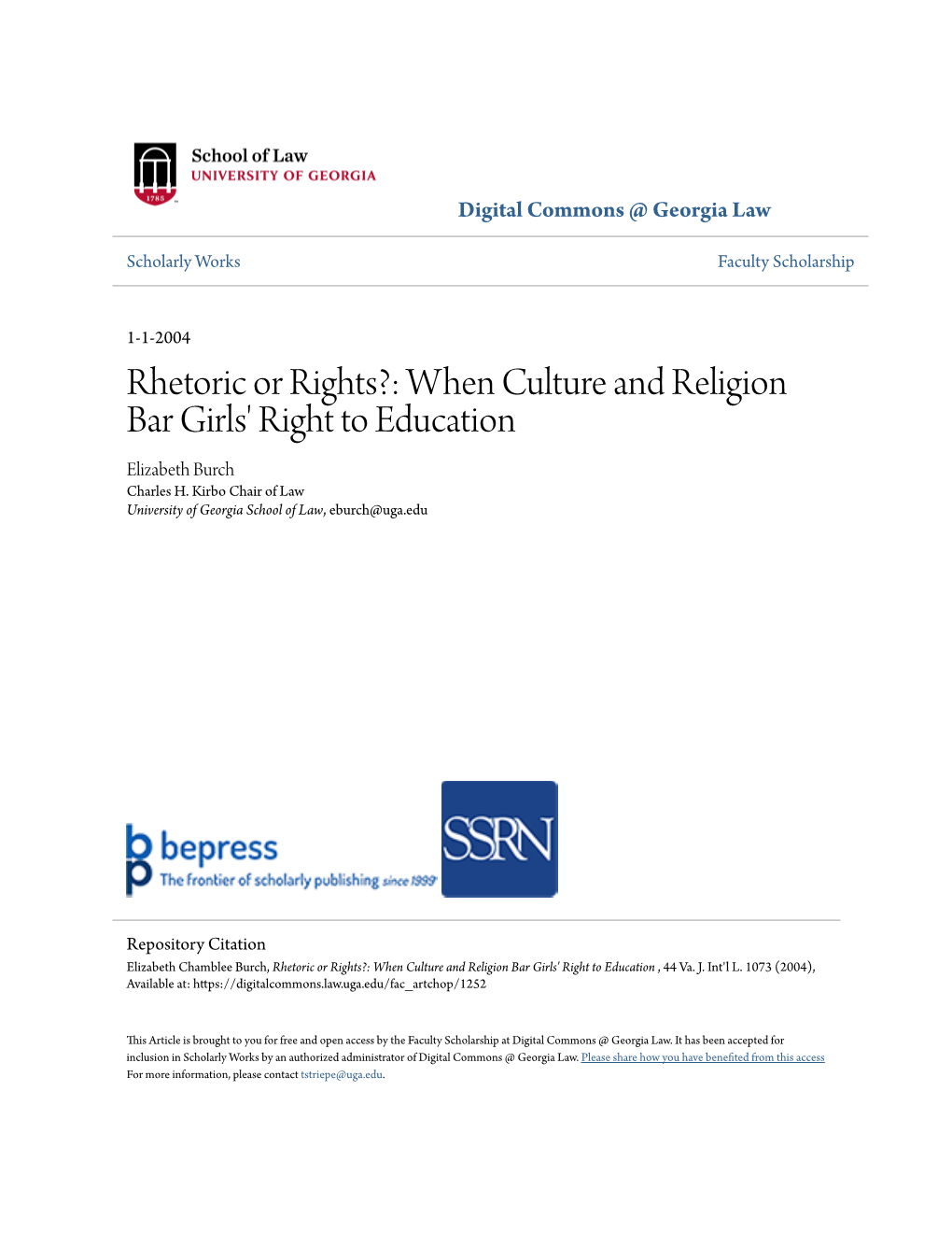 When Culture and Religion Bar Girls' Right to Education Elizabeth Burch Charles H