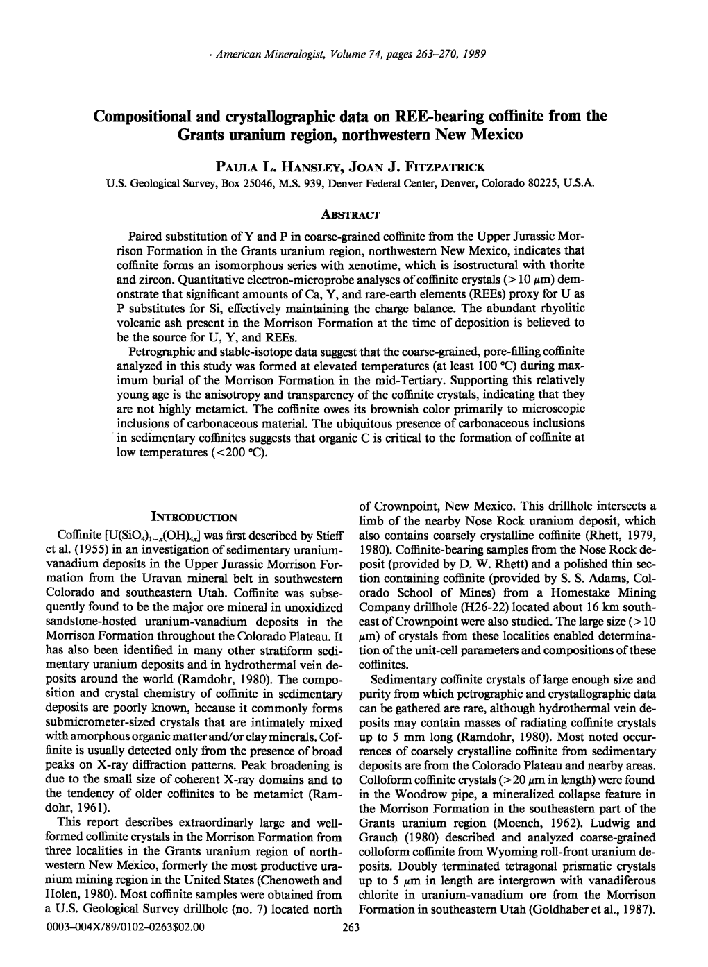 Compositional and Crystallographic Data on REE-Bearing Coffinite from the Grants Utani'm Regio& Nolthwestern New Mexico