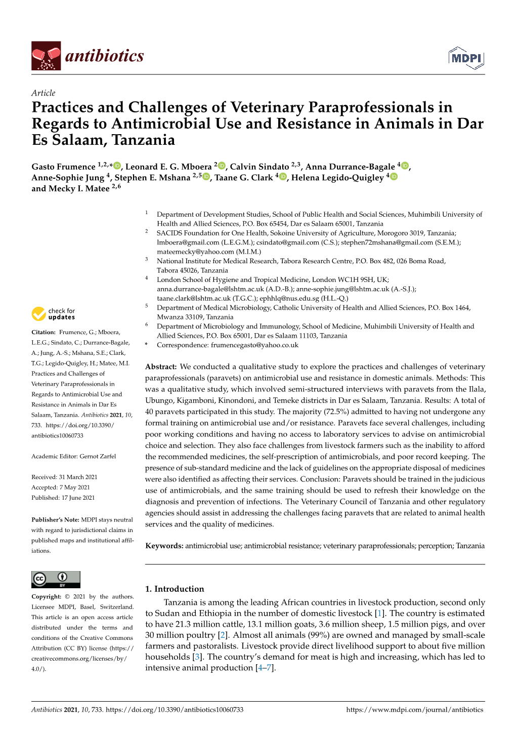 Practices and Challenges of Veterinary Paraprofessionals in Regards to Antimicrobial Use and Resistance in Animals in Dar Es Salaam, Tanzania