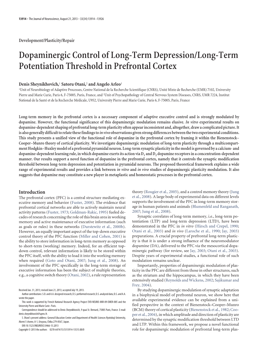 Dopaminergic Control of Long-Term Depression/Long-Term Potentiation Threshold in Prefrontal Cortex