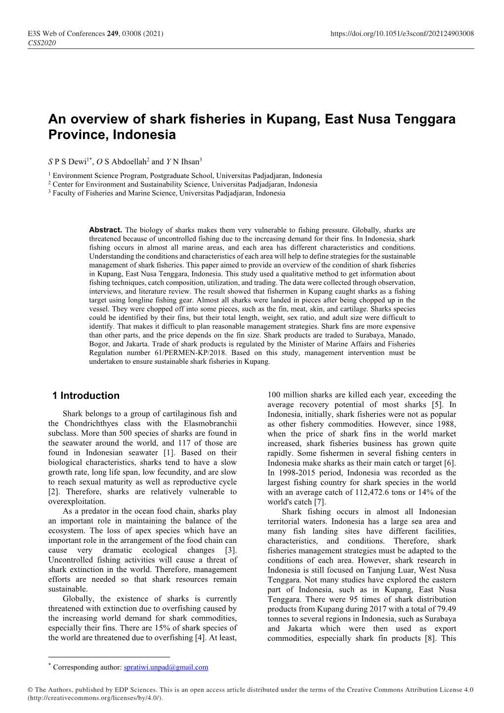 An Overview of Shark Fisheries in Kupang, East Nusa Tenggara Province, Indonesia