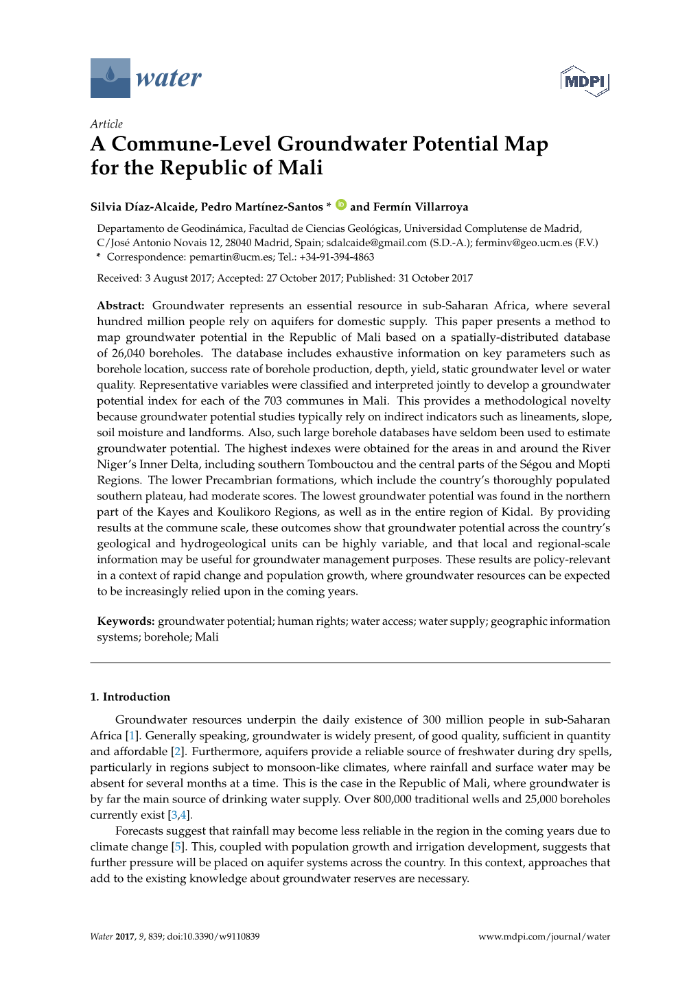 A Commune-Level Groundwater Potential Map for the Republic of Mali