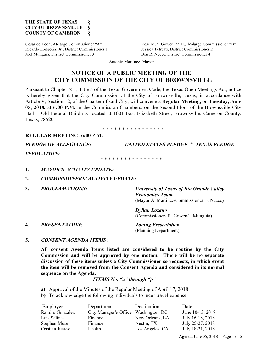 Notice of a Public Meeting of the City Commission of the City of Brownsville