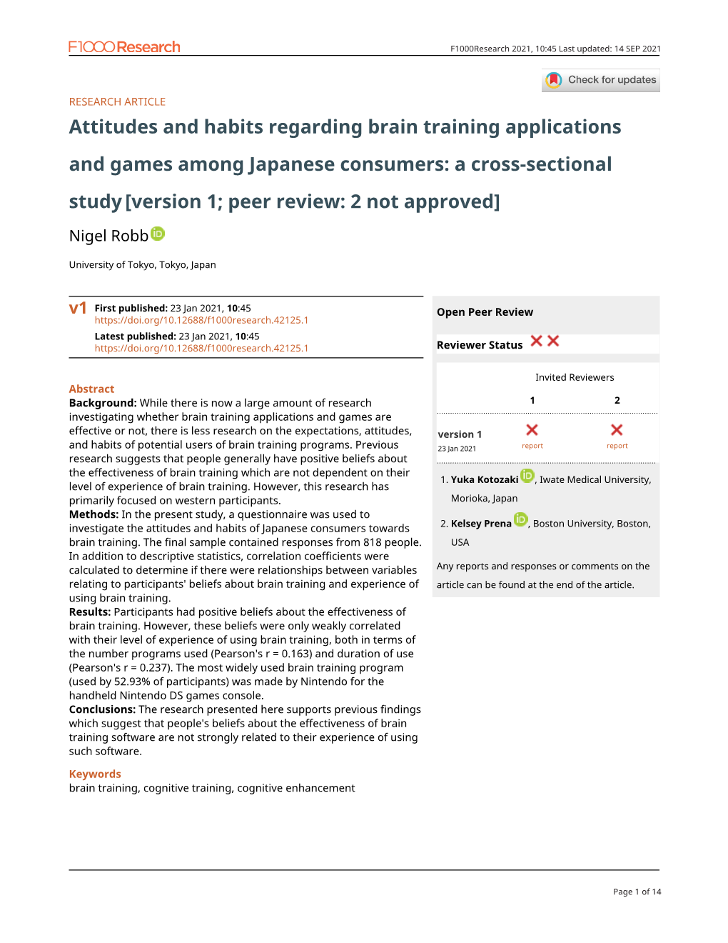 Attitudes and Habits Regarding Brain Training Applications and Games Among Japanese Consumers: a Cross-Sectional Study [Version 1; Peer Review: 2 Not Approved]