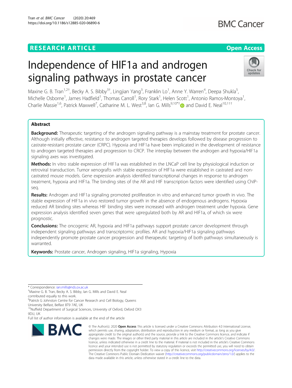 Independence of Hif1a and Androgen Signaling Pathways in Prostate Cancer Maxine G