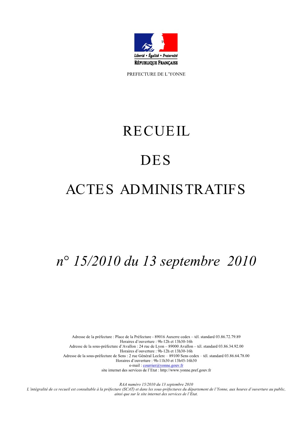 Recueil Des Actes Administratifs N° 15/2010 Du 13 Septembre 2010