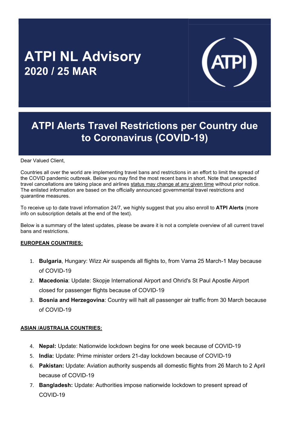 ATPI NL Advisory 2020 / 25 MAR