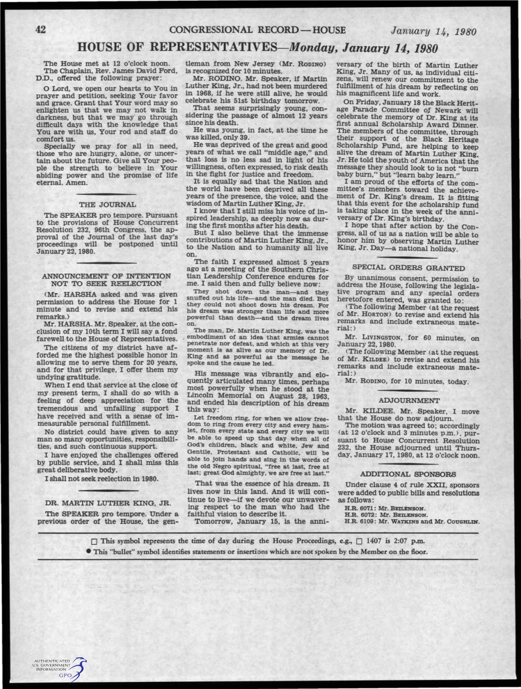 HOUSE of REPRESENTATIVES-Monday, January 14, 1980 the House Met at 12 O'clock Noon