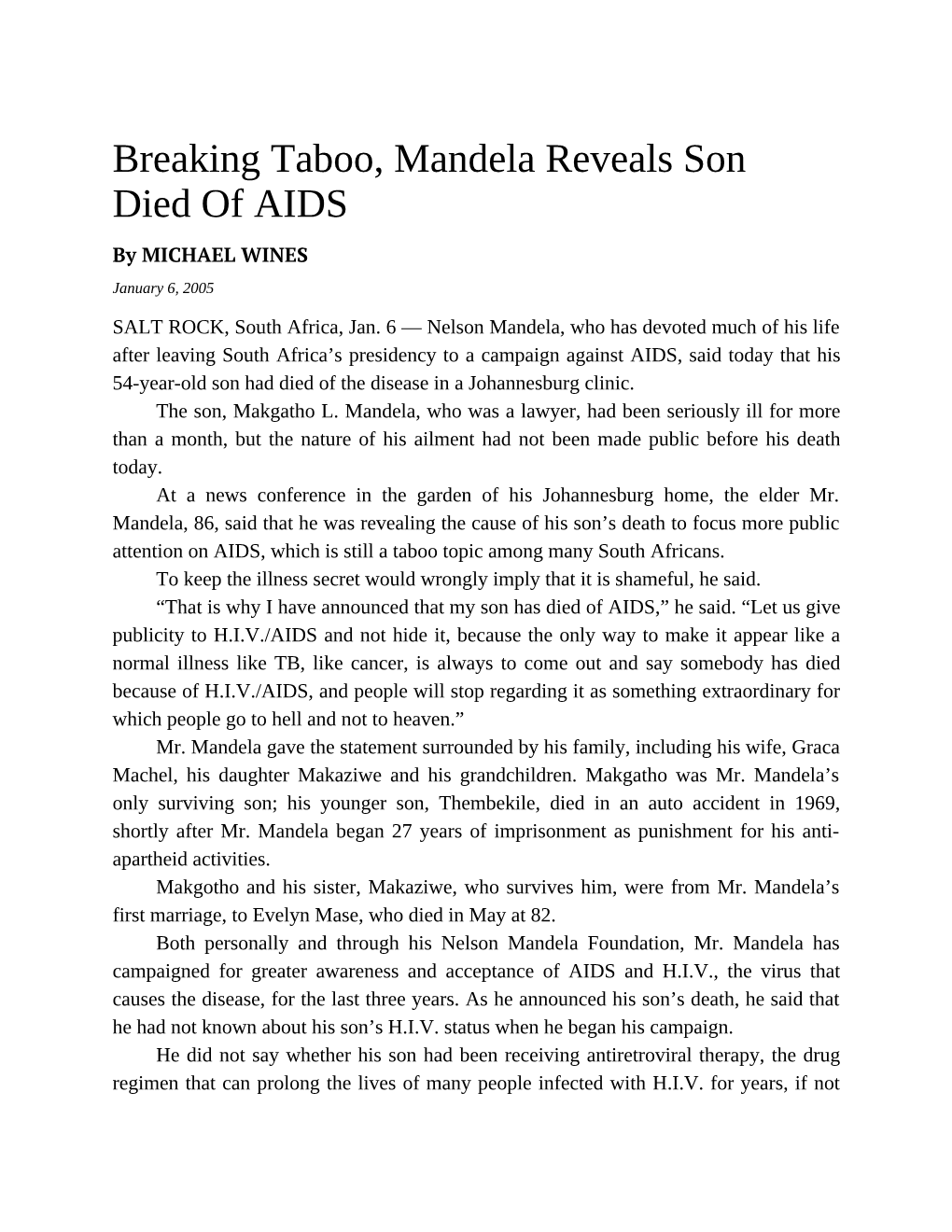 Breaking Taboo, Mandela Reveals Son Died of AIDS