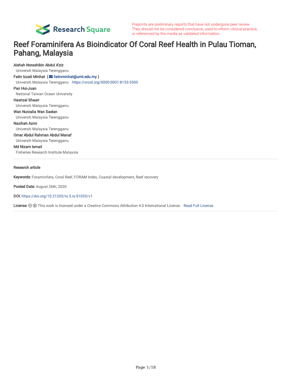 Reef Foraminifera As Bioindicator of Coral Reef Health in Pulau Tioman, Pahang, Malaysia