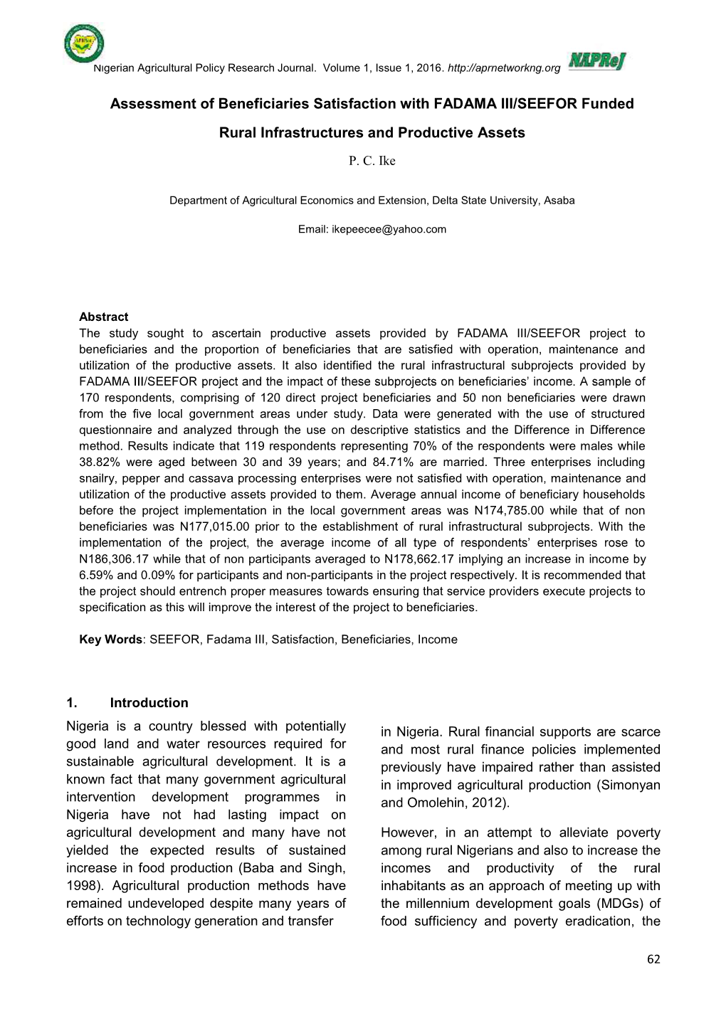 Assessment of Beneficiaries Satisfaction with FADAMA III/SEEFOR Funded Rural Infrastructures and Productive Assets