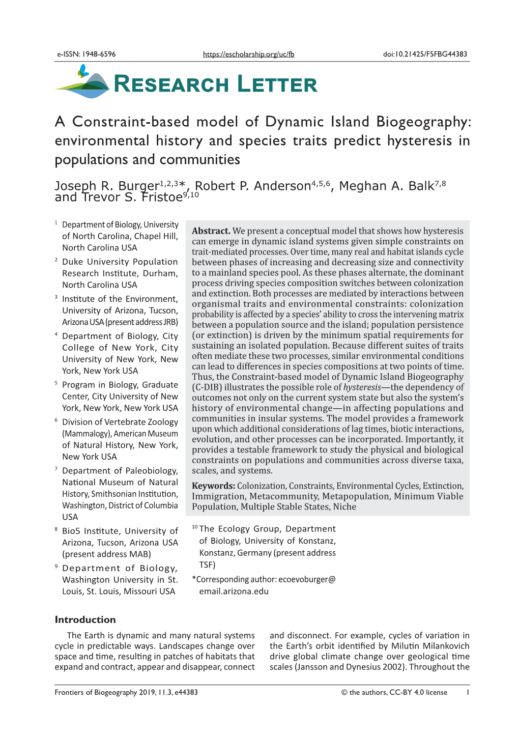 A Constraint-Based Model of Dynamic Island Biogeography: Environmental History and Species Traits Predict Hysteresis in Populations and Communities