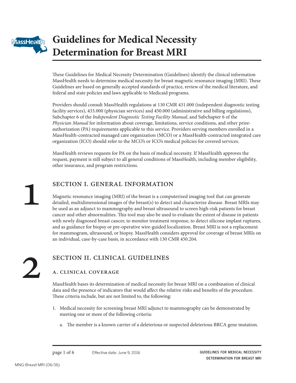 Guidelines for Medical Necessity Determination for Breast MRI