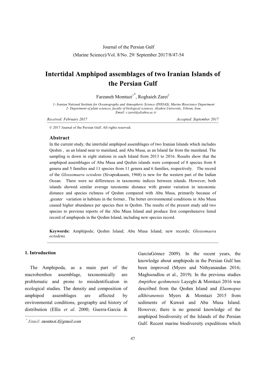 Intertidal Amphipod Assemblages of Two Iranian Islands of the Persian Gulf