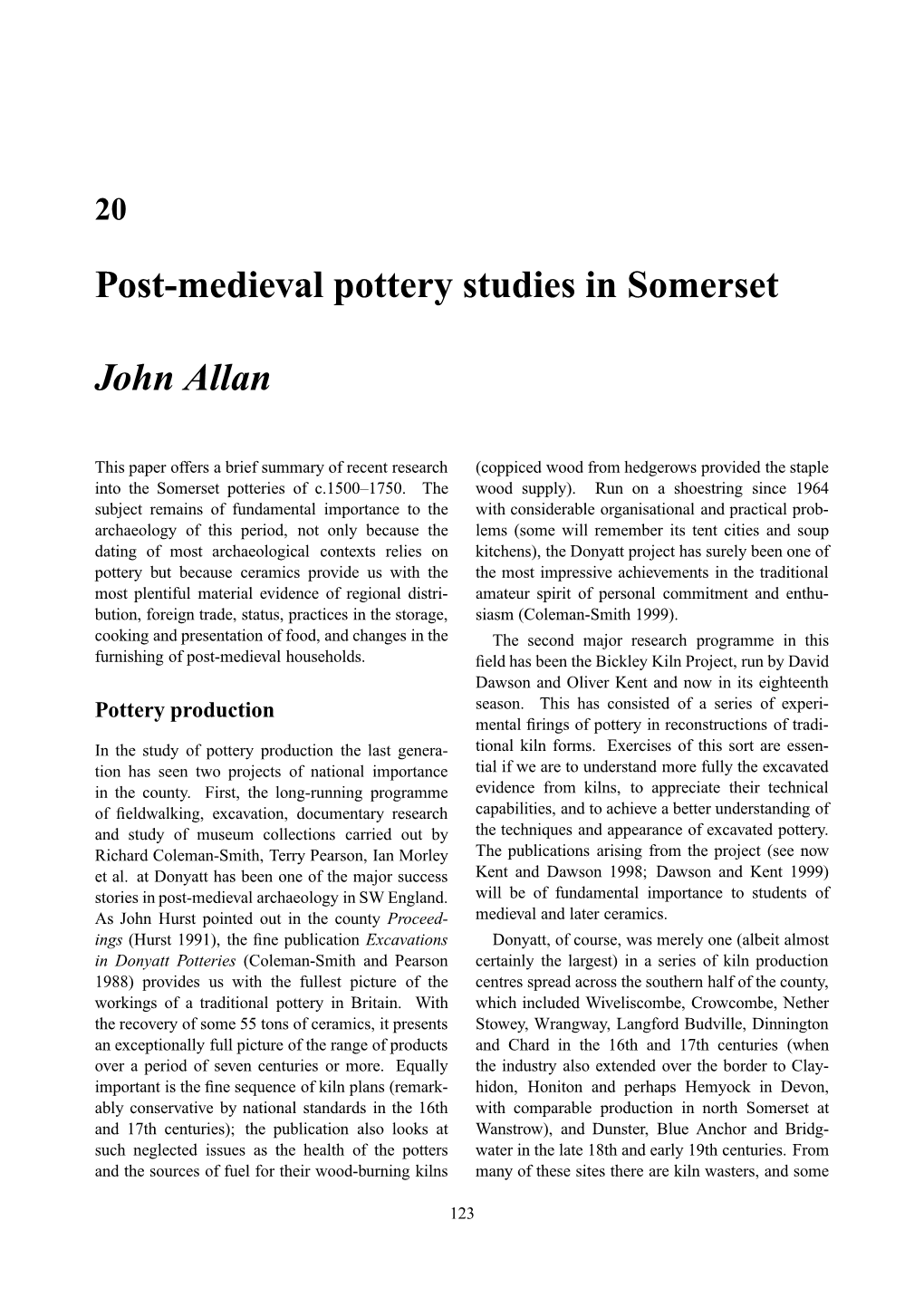 John Allan: Post-Medieval Pottery Studies in Somerset