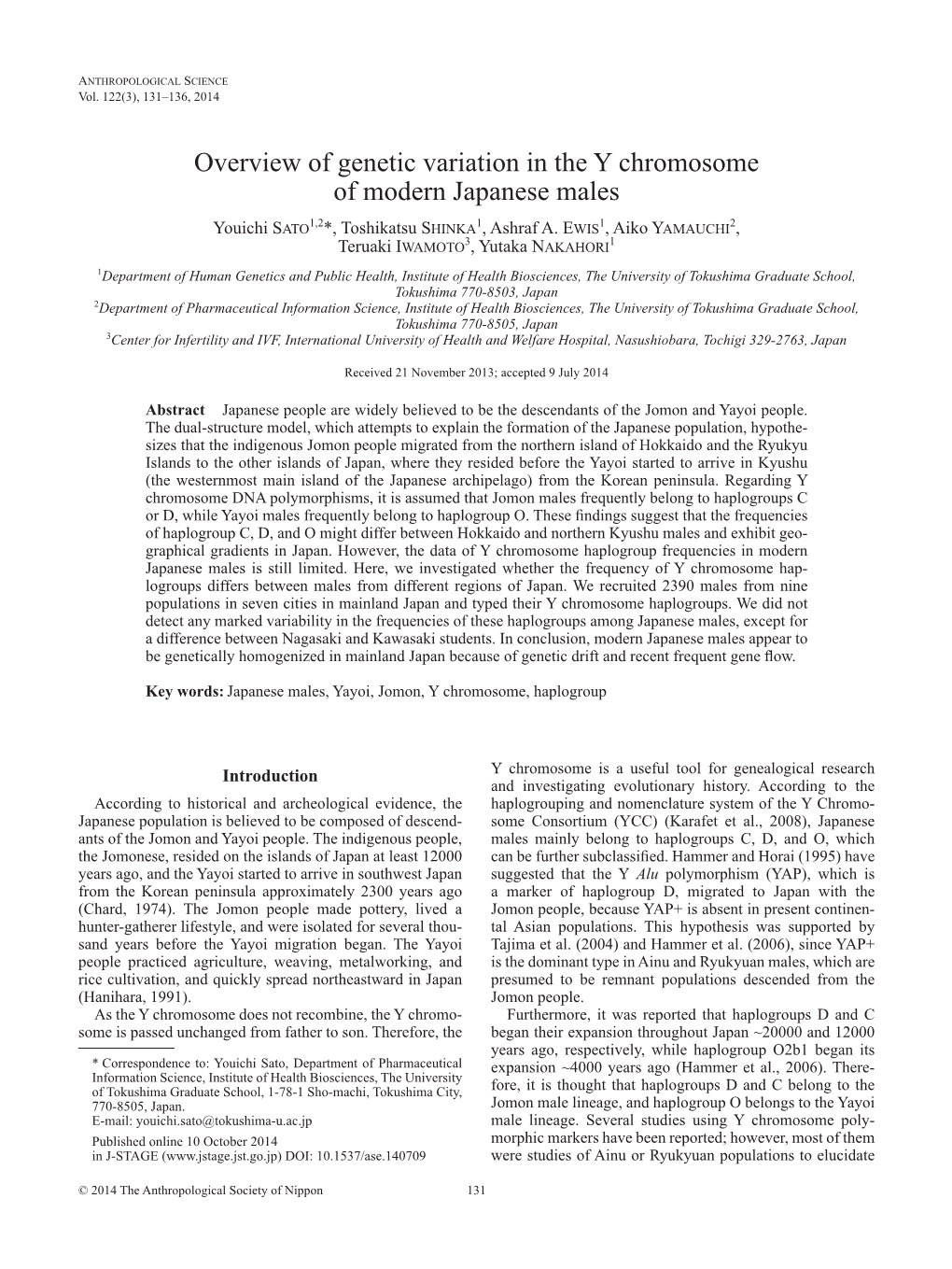 Overview of Genetic Variation in the Y Chromosome of Modern Japanese Males