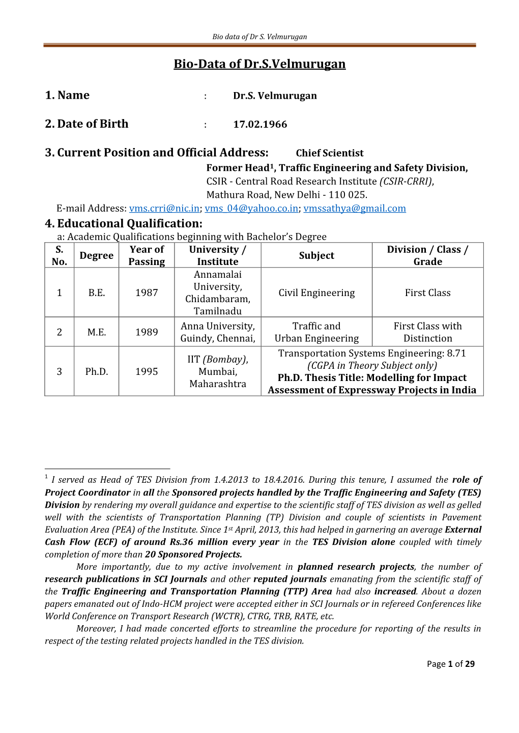 Application of Dr. S. Velmurugan for the Post of Director, CSIR