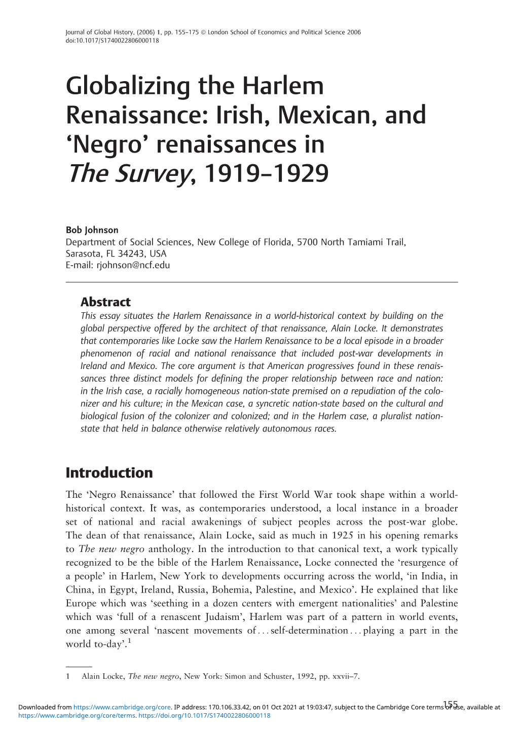 Globalizing the Harlem Renaissance: Irish, Mexican, and ‘Negro’ Renaissances in the Survey, 1919–1929