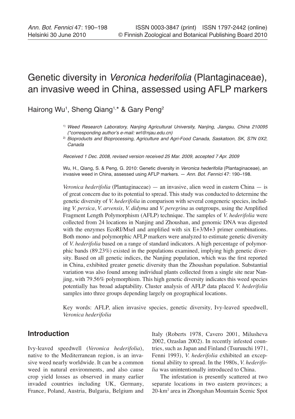 Genetic Diversity in Veronica Hederifolia (Plantaginaceae), an Invasive Weed in China, Assessed Using AFLP Markers