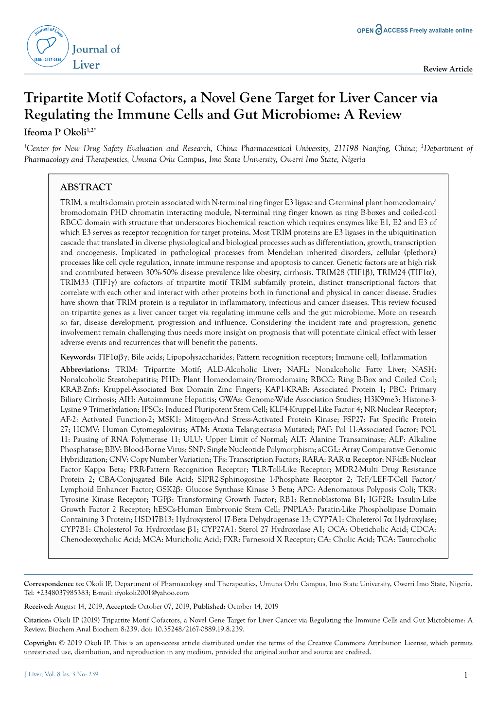 Tripartite Motif Cofactors, a Novel Gene Target for Liver Cancer Via