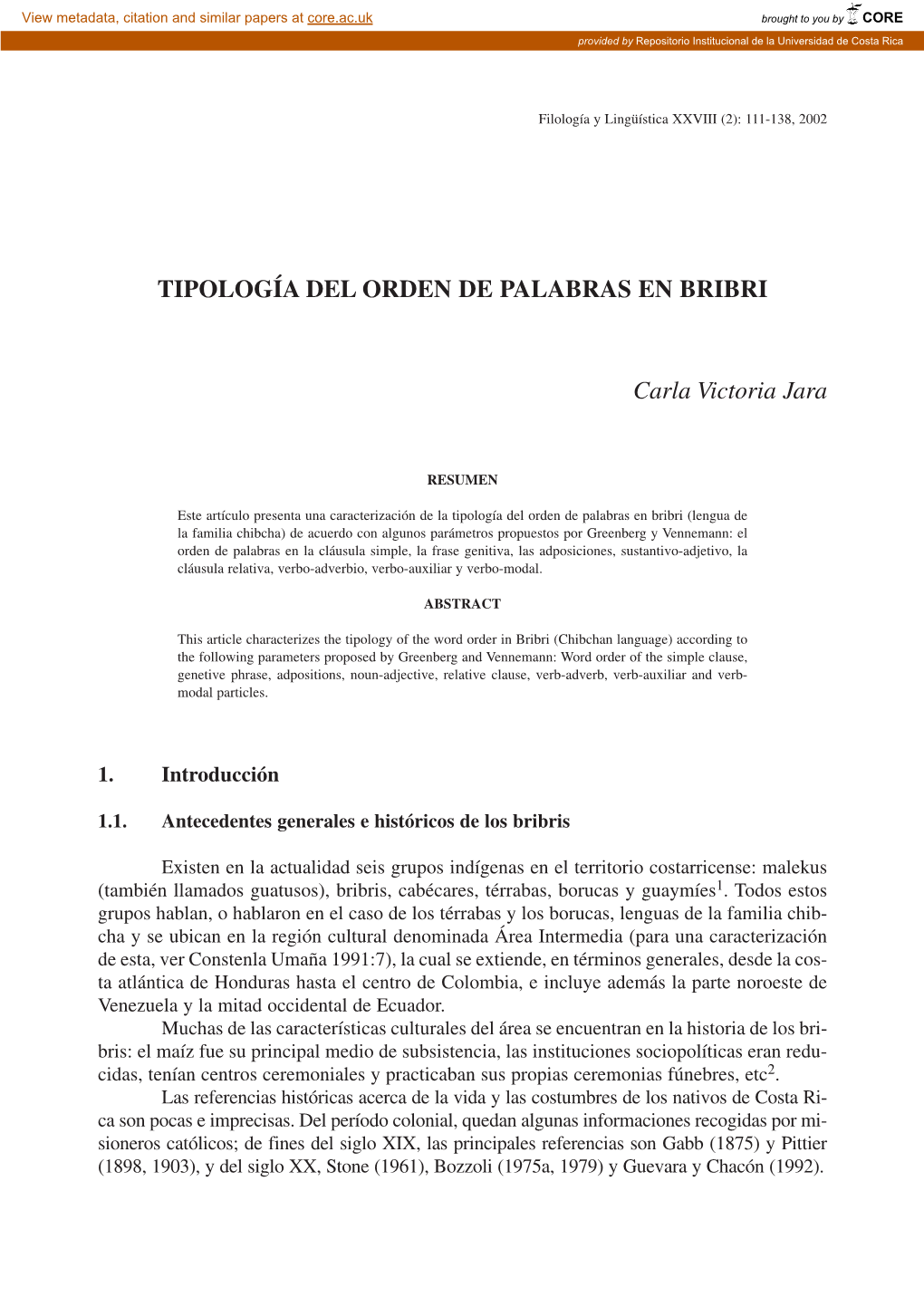 TIPOLOGÍA DEL ORDEN DE PALABRAS EN BRIBRI Carla