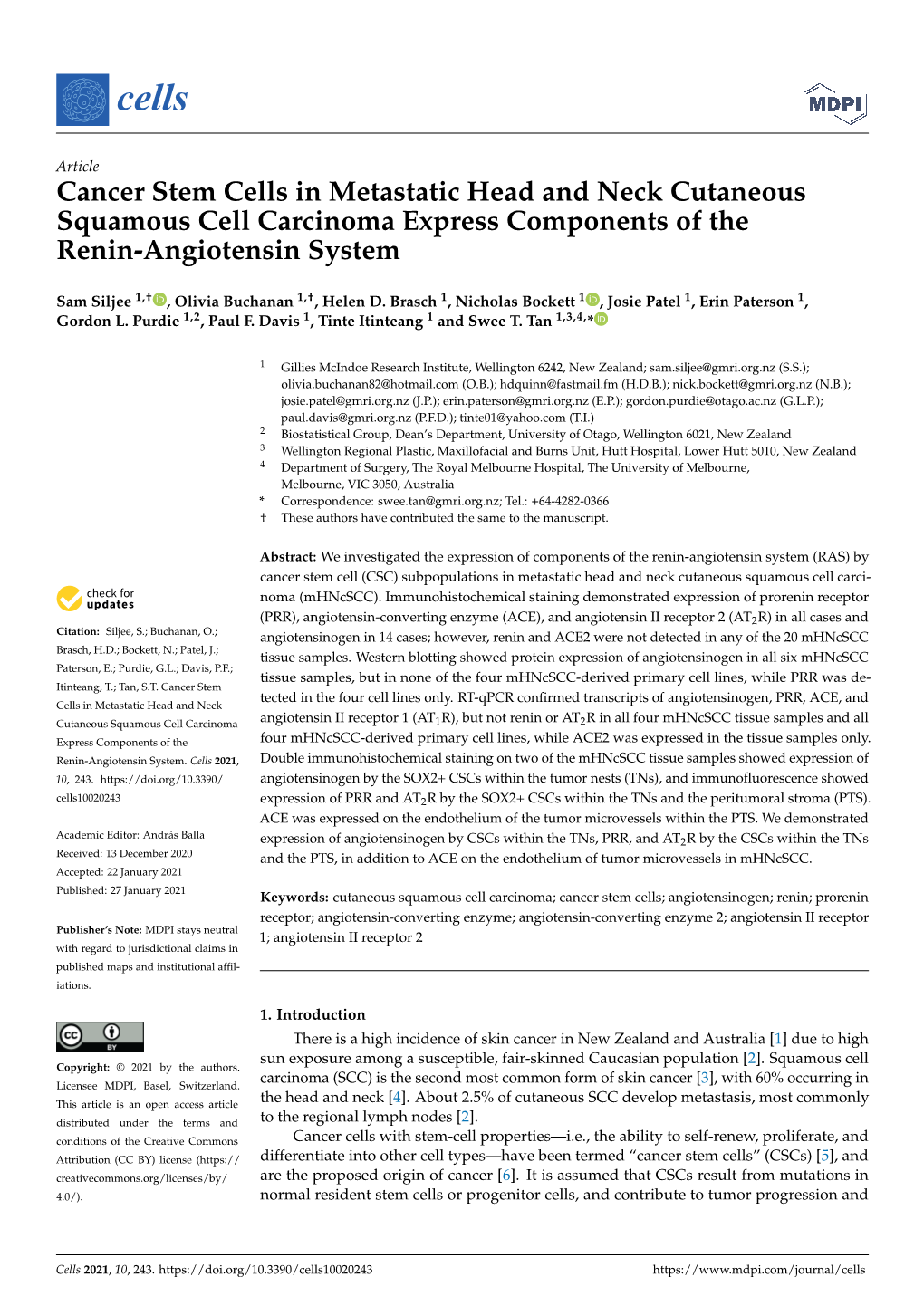 Cancer Stem Cells in Metastatic Head and Neck Cutaneous Squamous Cell Carcinoma Express Components of the Renin-Angiotensin System