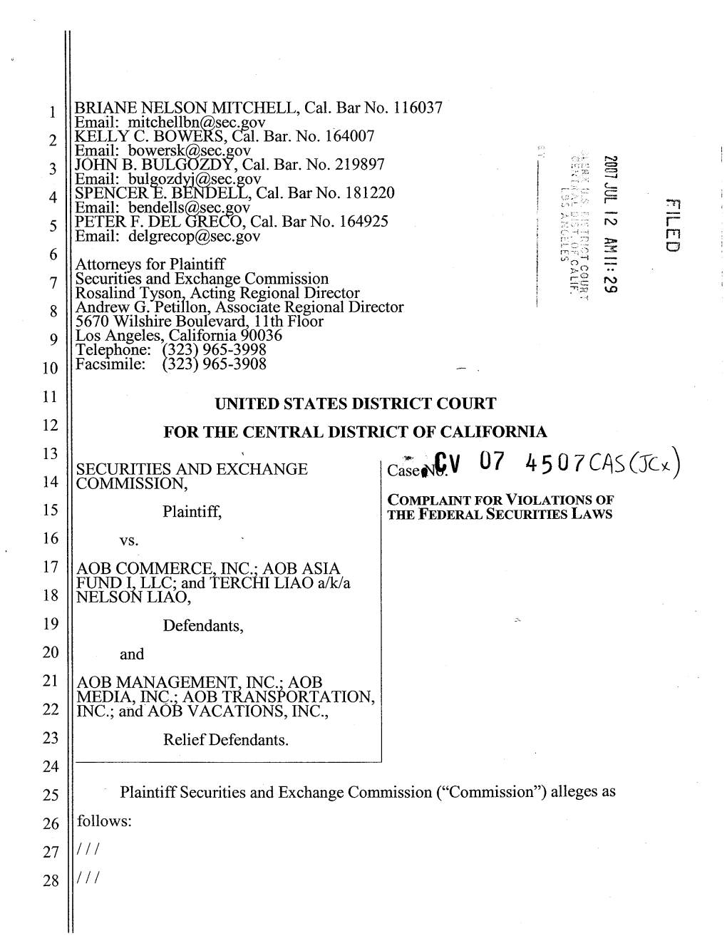 COMPLAINTFOR VIOLATIONSOF II Plaintiff, the FEDERALSECURITIES LAWS