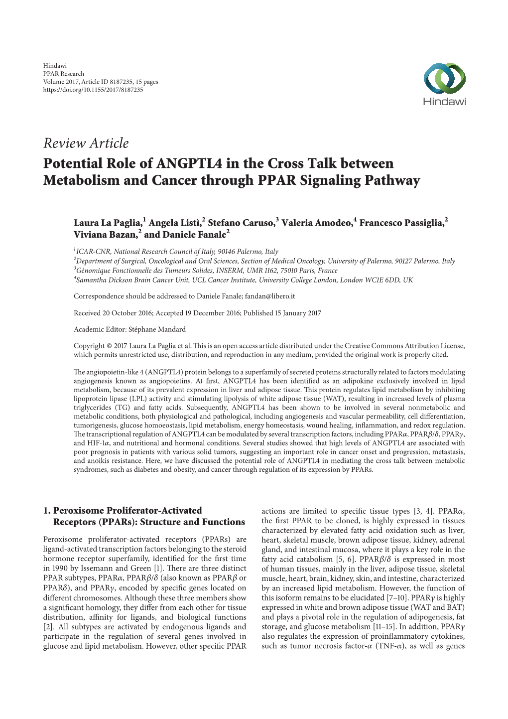 Review Article Potential Role of ANGPTL4 in the Cross Talk Between Metabolism and Cancer Through PPAR Signaling Pathway