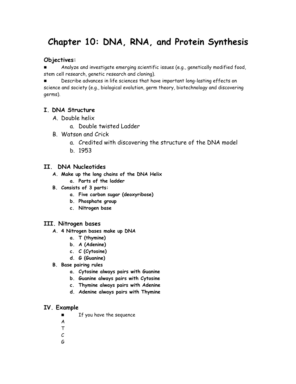 Chapter 10: DNA, RNA, and Protein Synthesis